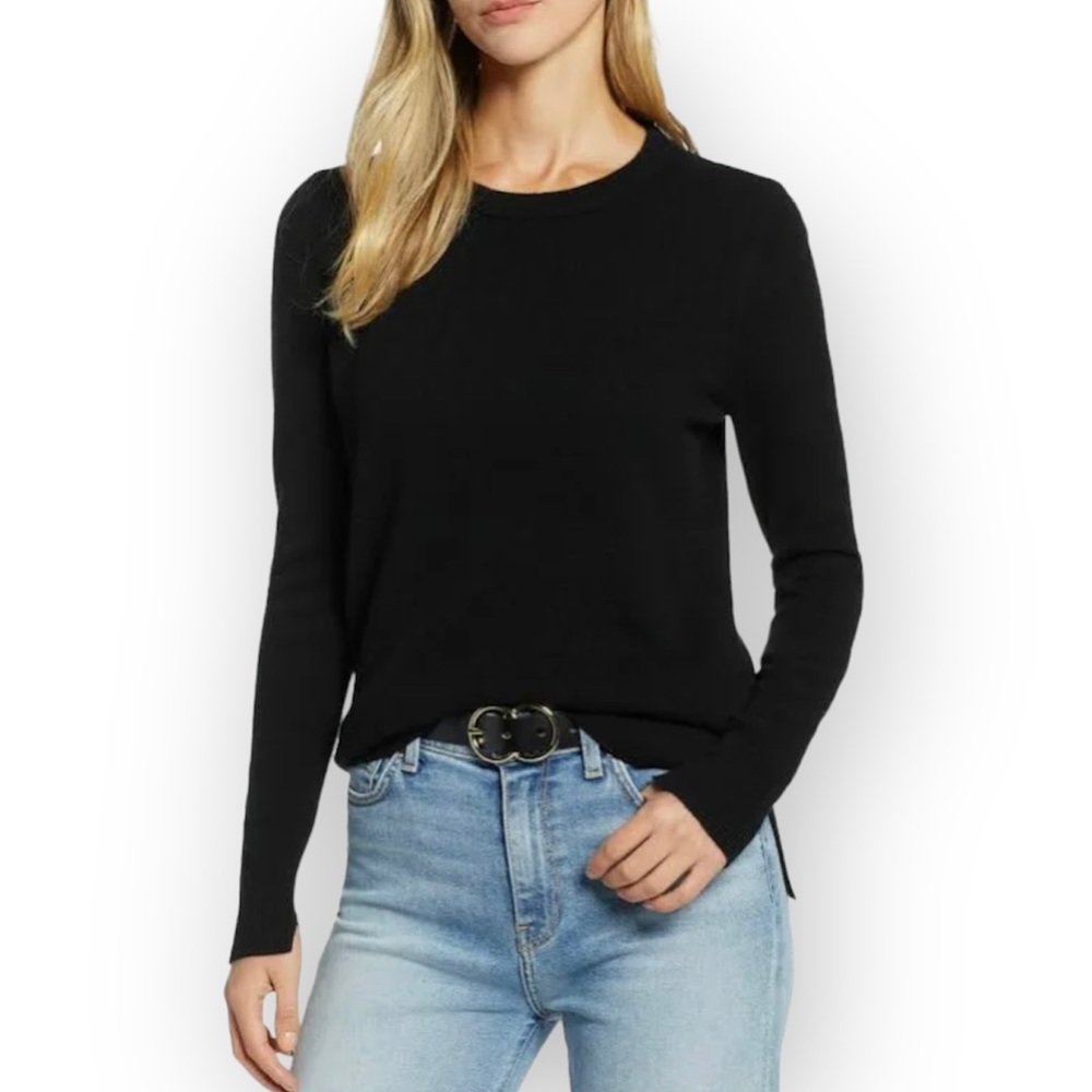 HALOGEN 100% Cashmere Black Side Slit Crewneck Sweater Top Size XL